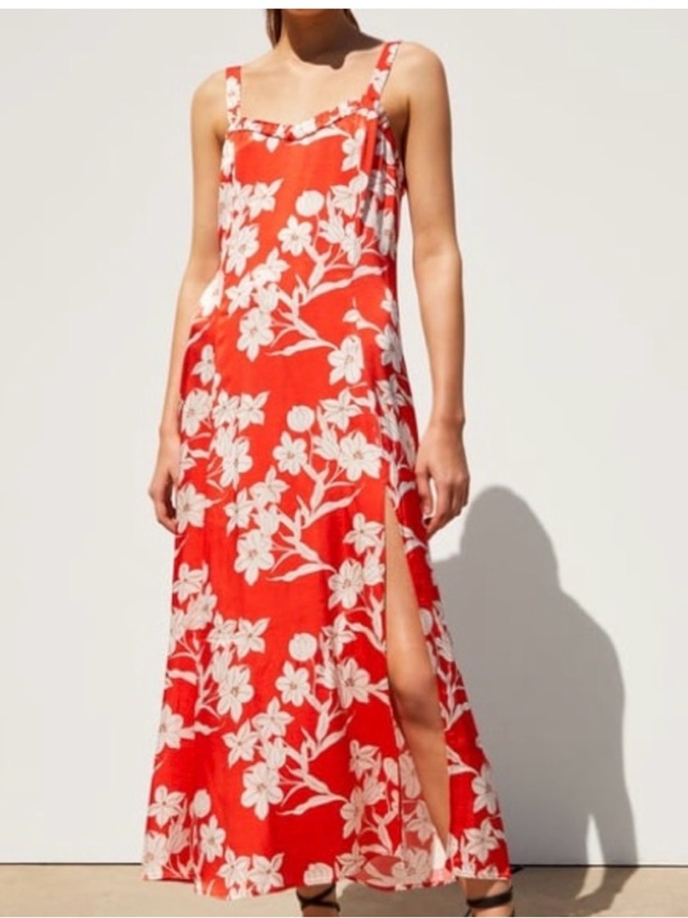 ZARA Red Orange Satin Look White Flower Pattern Leg Slit Midi Dress Size XS